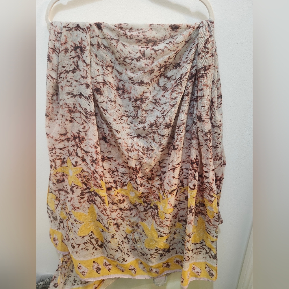 Light Cream & Brown Floral Wrap Scarf with Yellow Accents